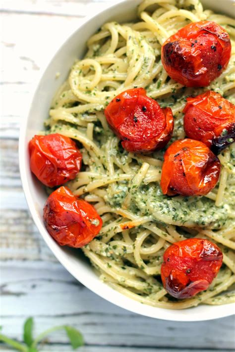 Roasted Garlic Pesto Spaghetti With Blistered Cherry Tomatoes Happy