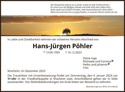 Traueranzeigen von Hans Jürgen Pöhler Trauer HNA de