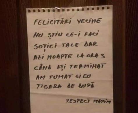 Mesajul fabulos lăsat în uşa unui vecin zgomotos din Bucureşti Nu