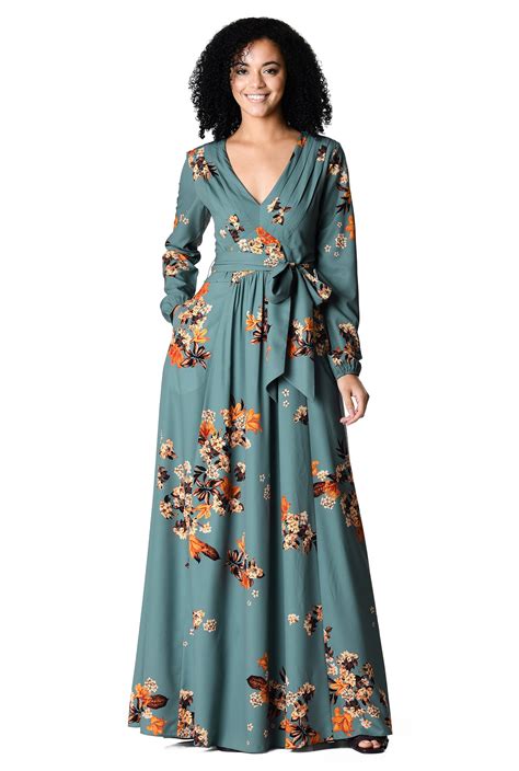 Shop Pleated Floral Print Crepe Maxi Dress Eshakti