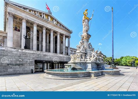 Austrian Parliament Building With Famous Pallas Athena Fountain Stock