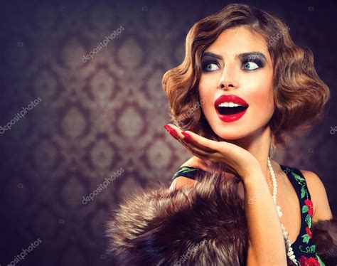 Retro Woman Portrait Surprised Lady Vintage Styled Photo Stock