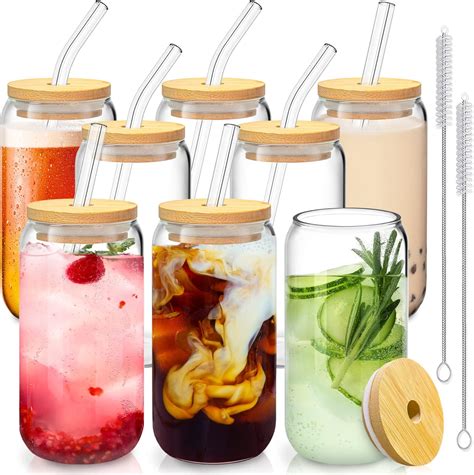 8 Pcs Drinking Glasses With Bamboo Lids And Glass Straw 16 Oz Can Shaped Glass