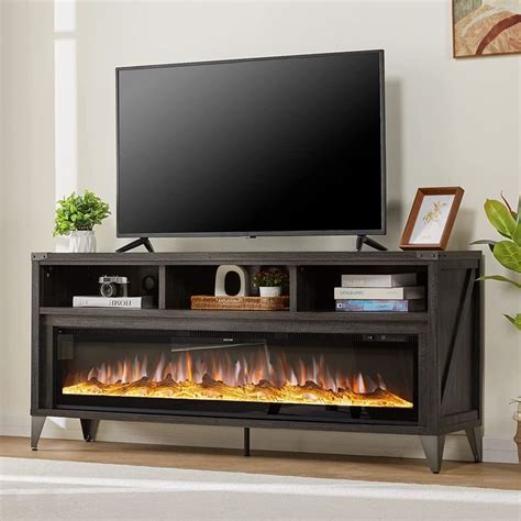 Amerlife 65 Fireplace Tv Stand With 60 Glass Electric Fireplace Industrial And Farmhouse Media