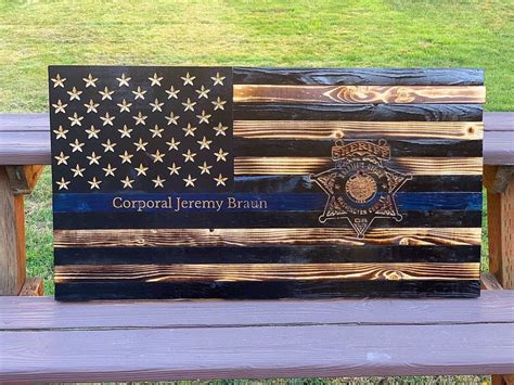 Thin Blue Line Wood Flag With Carved Badge Thin Blue Line Flag