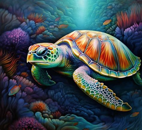 Pintura De Una Tortuga Nadando En Un Mar Colorido Con Corales