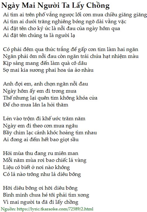 Loi Bai Hat Ngay Mai Nguoi Ta Lay Chong Dong Thien Duc Co Nhac Nghe