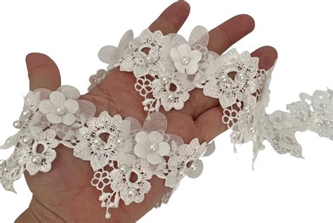 Amazon 8CM Width 3D Flower Lace Trim Pearl Beads Floral