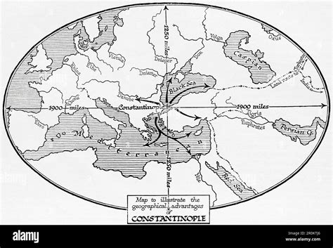 Mapa para ilustrar las ventajas geográficas de Constantinopla Del