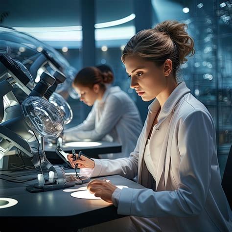 Premium Ai Image A Woman In A Lab Coat Looks At A Microscope