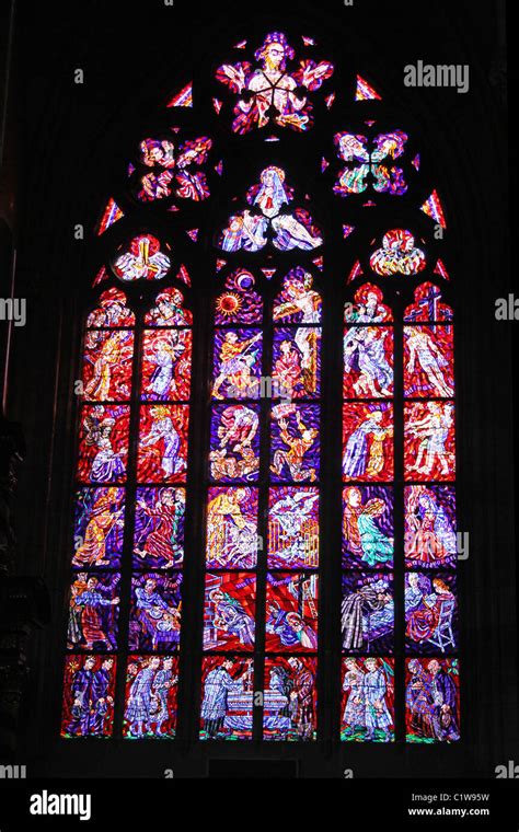 Stained Glass Window In St Vitus Cathedral In Prague Castle In Prague Czech Republic Stock