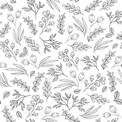 Premium Vector Floral Seamless Pattern With Outline Flowers Plants