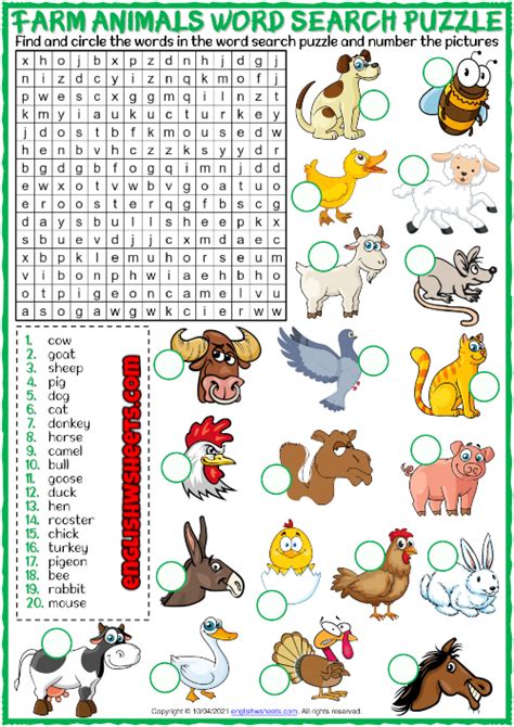 Farm Animals Esl Printable Word Search Puzzle Worksheet