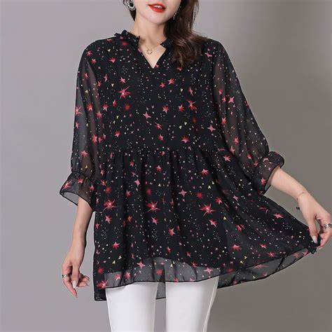 Casual Loose Printed Midi Shirt Summer Female Clothing Elegant V Neck Commute Half Sleeve All