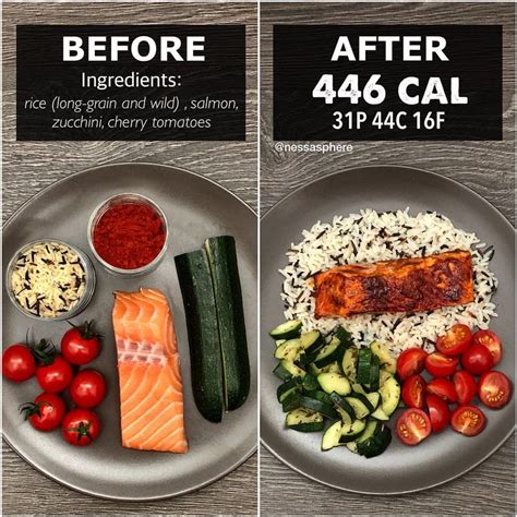 Baked Salmon And Veggies With Rice 400 Calorie Meals Meals Under 400 Calories Healthy Meal Prep