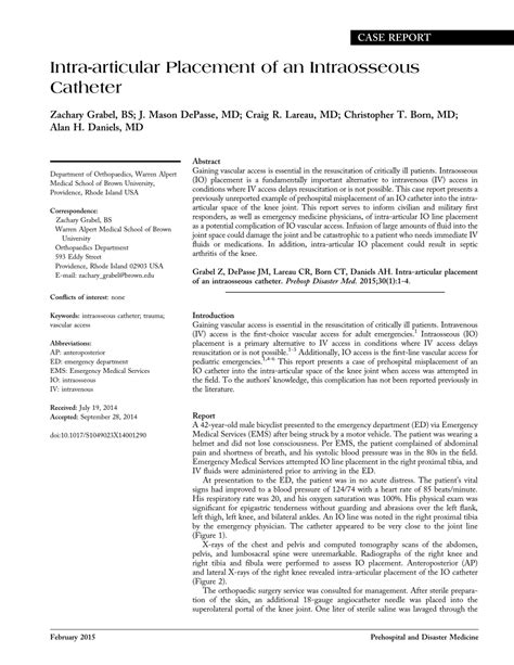 Pdf Intra Articular Placement Of An Intraosseous Catheter