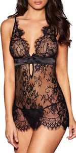 Anlovekiss Women Sexy Lingerie Black Eyelash Lace Chemise Babydoll