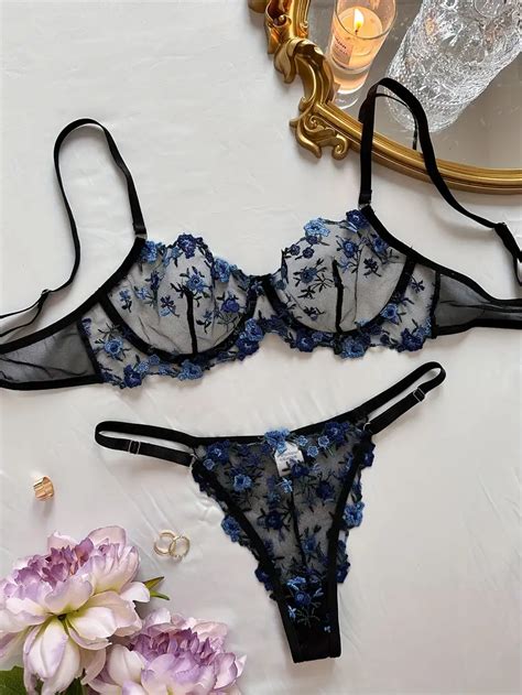 Floral Embroidery Lingerie Set Mesh Unlined Bra Sheer Thong Temu