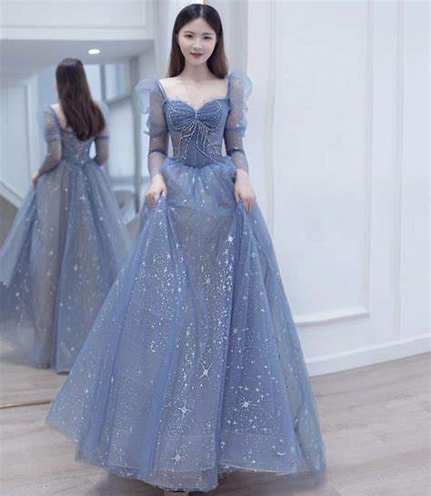 Blue Tulle Beads Long Prom Dress A Line Evening Dress On Luulla