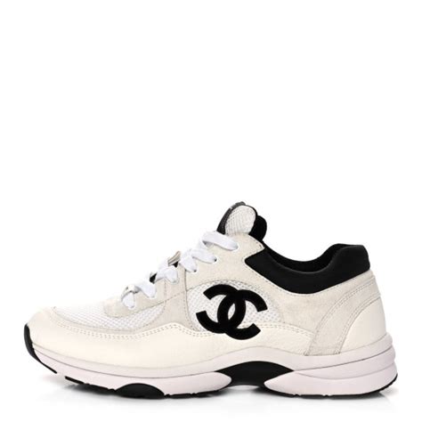 Chanel Mesh Suede Calfskin Grained Calfskin Womens Cc Sneakers 41 White