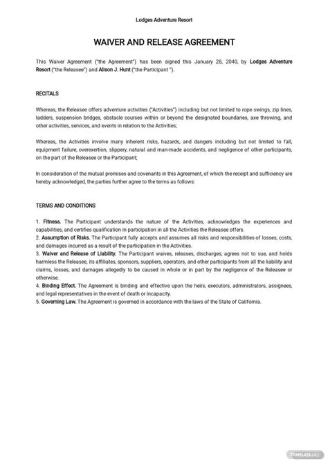 Free General Waiver Agreement Template Word Google Docs Template Net