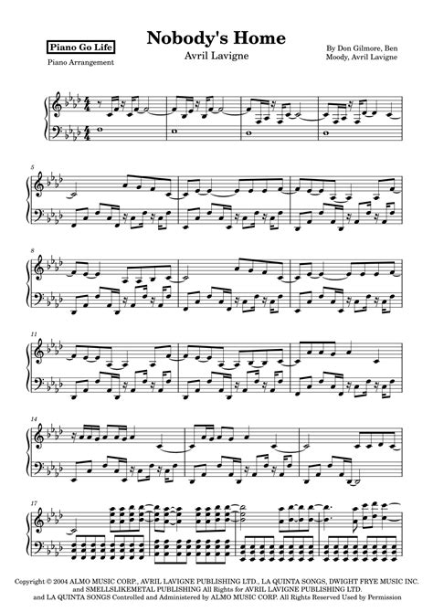 Nobodys Home Arr Piano Go Life Sheet Music Avril Lavigne Piano Solo