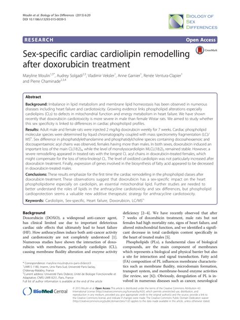 Pdf Sex Specific Cardiac Cardiolipin Remodelling After Doxorubicin