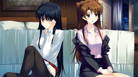 Bed Black Hair Blue Eyes Blush Brown Eyes Brown Hair Game Cg Long Hair Night Ogiso Setsuna