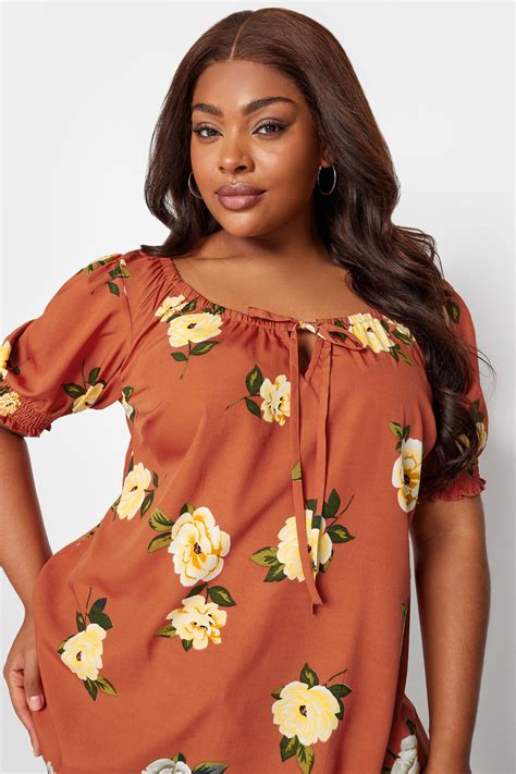 YOURS Plus Size Rust Orange Floral Print Puff Sleeve Tie Neck Top