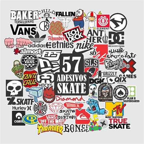 Kit 57 Adesivos Skate shape Marcas Skate Logos Cartela Altíssima