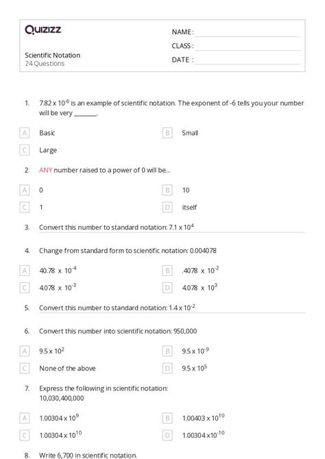 Scientific Notation Worksheets For Th Grade On Quizizz Free