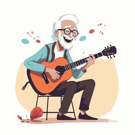 Elderly Man Playing Guitar Vector Illustration In Cartoon Style