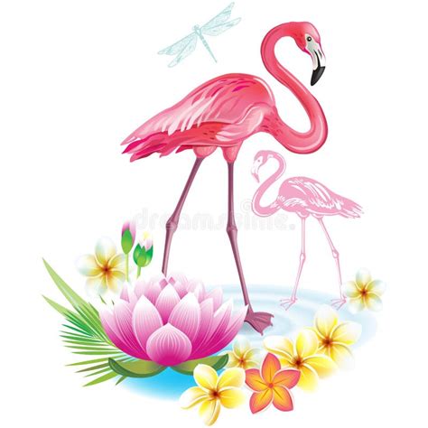 Flamingos Und Anordnung Von Den Tropischen Blumen Vektor Abbildung