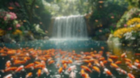 Blur Background Of Tropical Garden With Waterfall And Koi Pond Digital