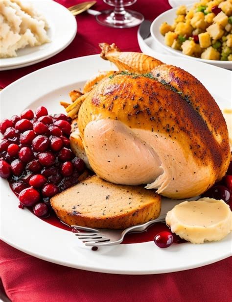 Una cena tradicional de acción de gracias con pavo asado relleno de