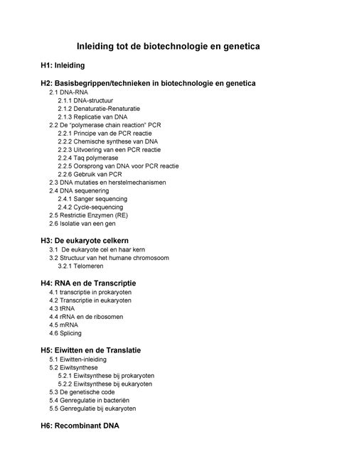 Inhoudstafel Biotech Inleiding Tot De Biotechnologie En Genetica H1