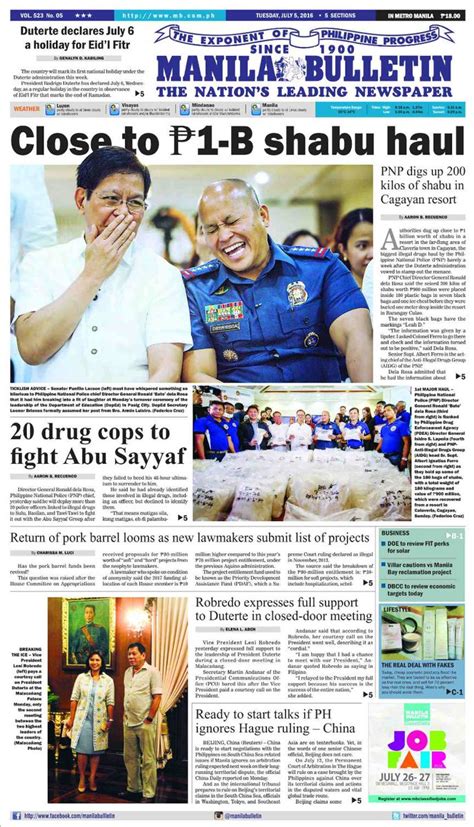 Manila Bulletin Front Page For Today 752016