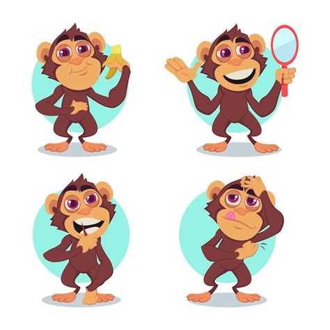 Conjunto De Personagem De Macaco De Desenho Animado Comendo Banana