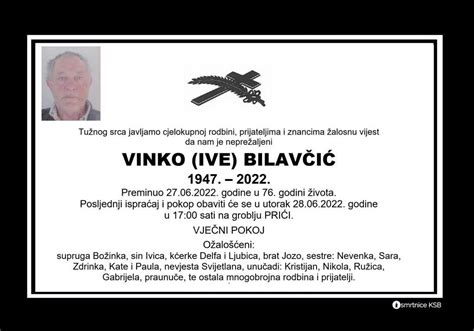 Vinko Ive Bilavčić Osmrtnice KSB