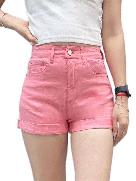 Shorts Mezclilla Stretch Bajo De Doblez De Talle Alto Rosa Moda De