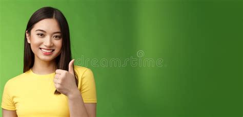 Close Up Happy Motivated Good Looking Asian Woman Give Thumb Up Smiling Approving Excellent