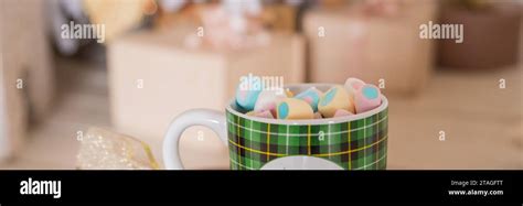 Close Up Image A Tasty Hot Melted Chocolate With Tiny Marshmallows Cup In A Woman S Hand