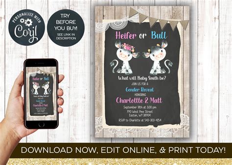 Cow Gender Reveal Invitation Heifer Bull Gender Reveal Boy Etsy