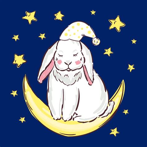 Vector Illustration Of A Cute Cartoon Bunny Sleeping On A Moon Baby