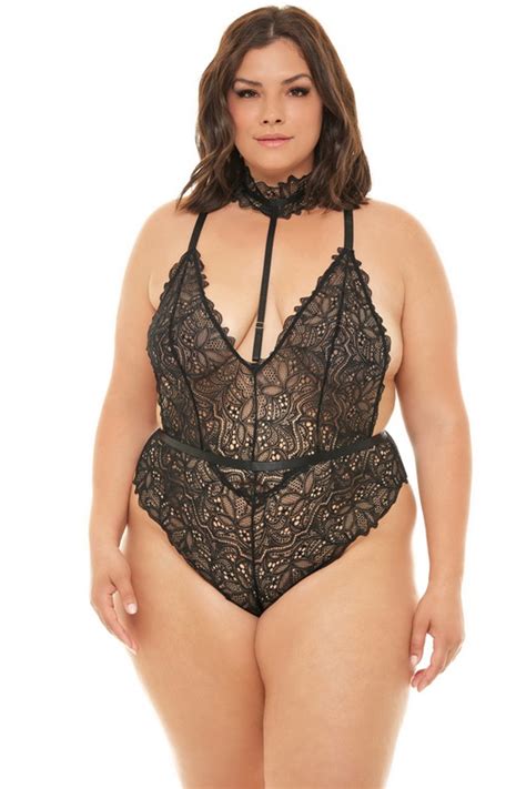 Plus Size Dahlia Black Lace Collared Lingerie Teddy Spicy Lingerie