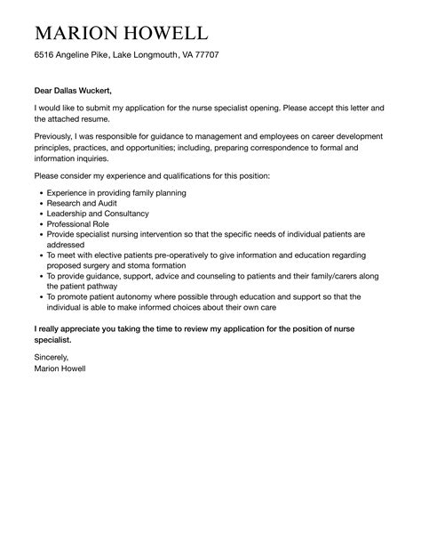 Nurse Specialist Cover Letter Velvet Jobs