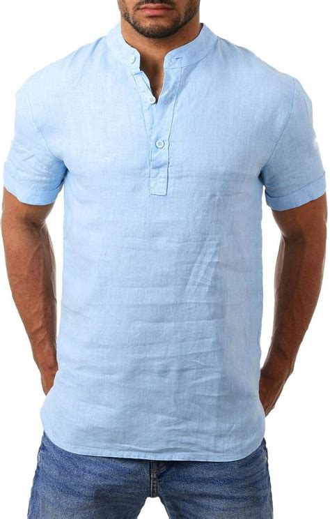 Camisa de Manga Corta de algodón y Lino para Hombres Cuello Alto Casual