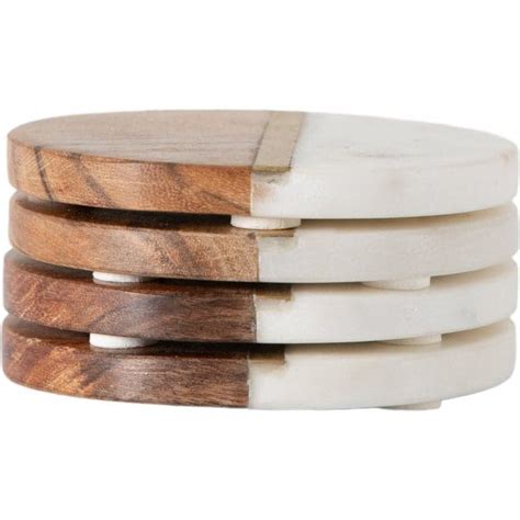 SWHF Marble Wooden Coaster Set White Brown Round Shape Coaster For