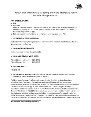 Fillable Online Parks Canada Preliminary Screening Under The Fax