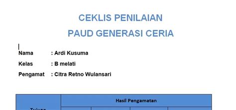 Download Contoh Ceklis Anak Paud Dan Tk Kurikulum Merdeka Format Doc Bisa Diedit Jawatimuran